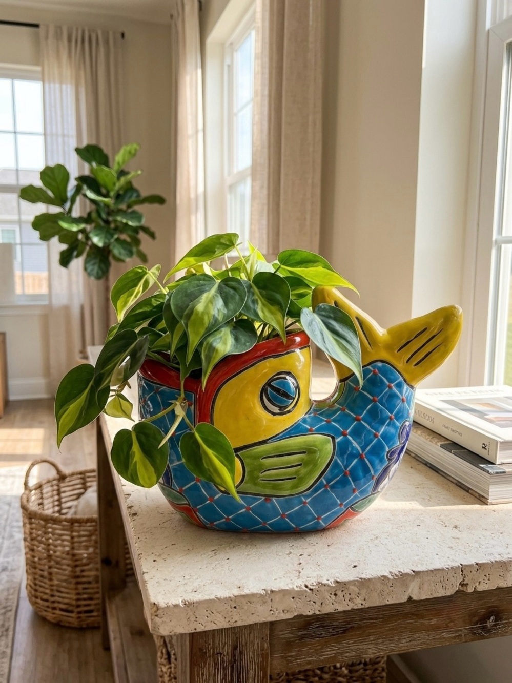 Handmade Talavera Fish Planter with Drainage Hole